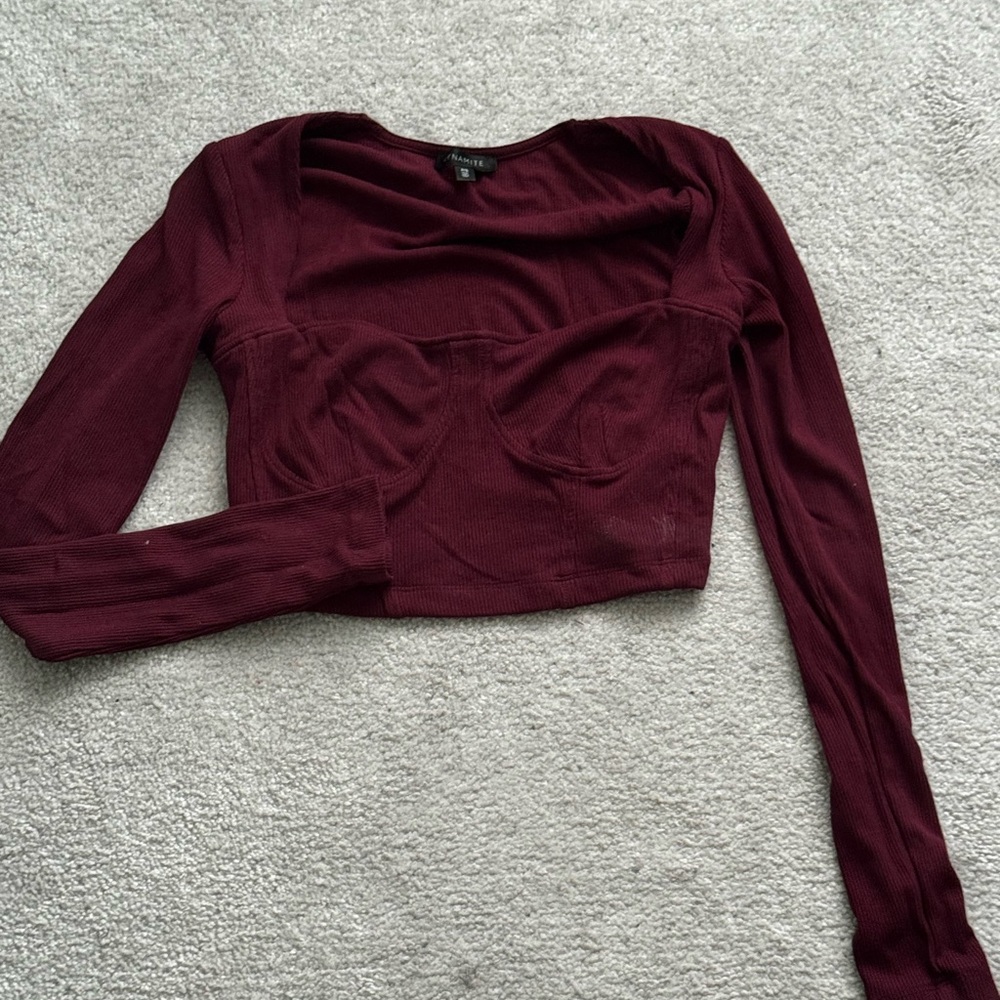 Elegant Burgundy Long Sleeve Crop Top - Picture 1 of 2